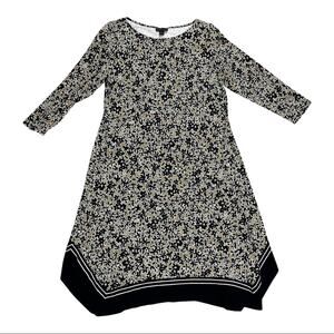J. Jill Wearable Black Floral Stretch Midi Shift Dress Handkerchief Hem Small